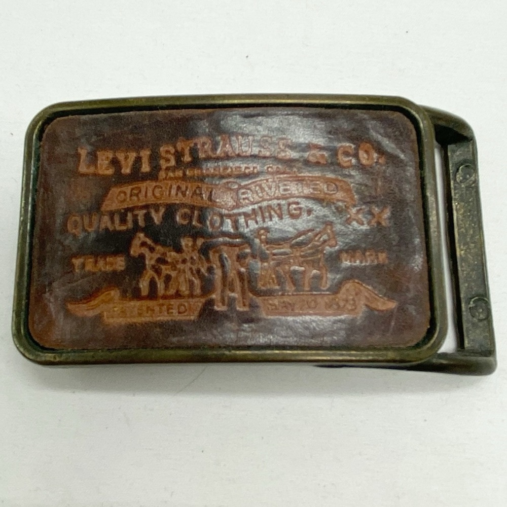 Levi's Vintage 70’s Brown Embossed Leather Inlay Brass Belt Buckle XX Logo